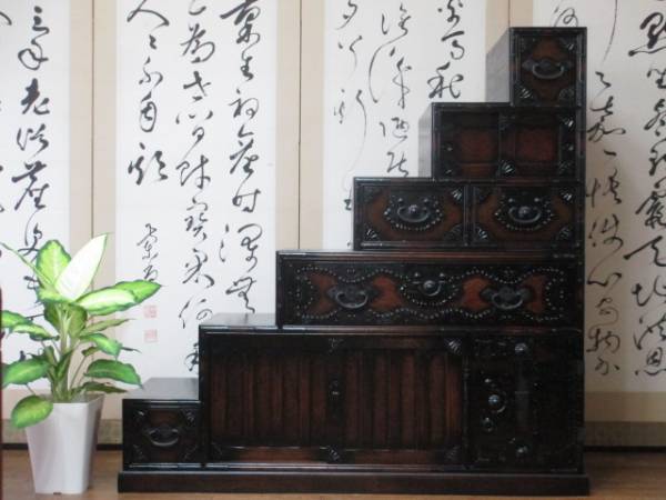 逸品 重厚金具 両面式 民芸 階段箪笥/抽斗/和家具/時代箪笥