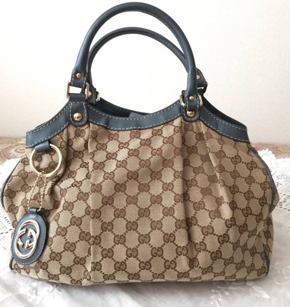 ✨GUCCI✨グッチ✨レザー✨ベージュ✨ブルー✨トートバッグ✨ ☆GUCCI グッチ ベージュGGxブルーレザー トートバッグ 美品格安