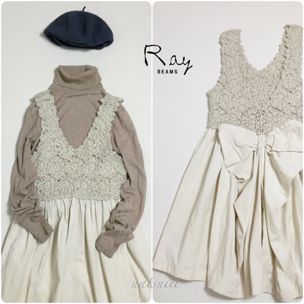 Ray BEAMS . 後ろリボン ニット切替 コーデュロイ ワンピース