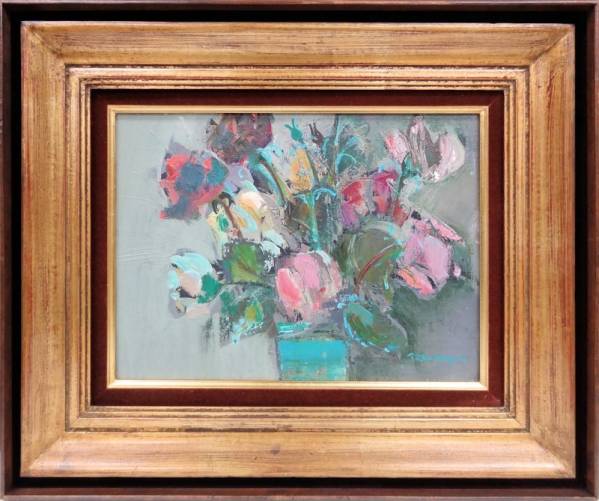 fu】三大サロン会員 物故洋画家 長尾淘汰 油彩画4号「花」