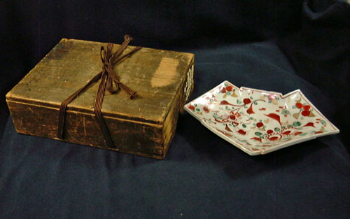 中国明末期　呉須赤絵　草花文　熨斗形　菓子鉢　検　中国美術