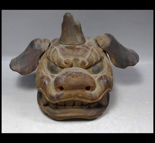 木彫り 獅子頭 獅子舞 郷土芸能 縁起物 置物 アンティーク 在名 木彫り