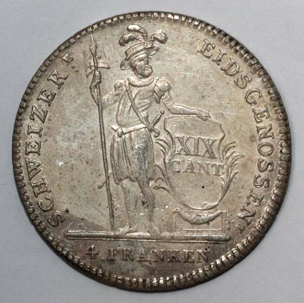 1814年 スイス 4フラン銀貨 XIX CANT. 古銭 重厚希少 1814年 スイス 4