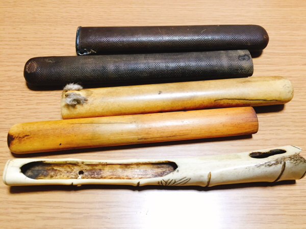 江戸後期〜明治初期 竹羅宇煙管 木製煙管入 雁彫刻金具 時代喫煙