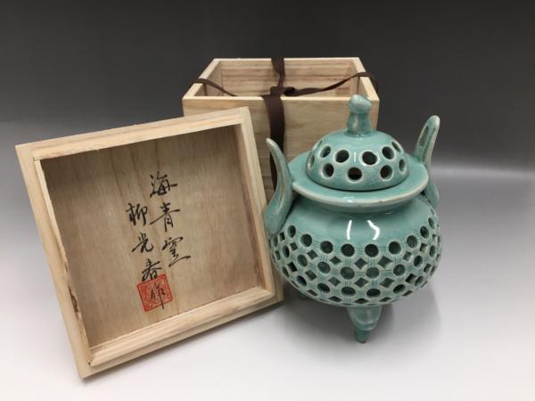 韓国青磁 柳光春作 海青窯 透細工香炉 共木箱 茶道具の入札履歴 - 入札