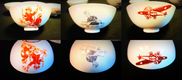 美品 珍品 戦前・戦時中 戦闘機 日の丸国旗絵 子供茶碗3セット 戦時
