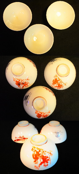 美品 珍品 戦前・戦時中 戦闘機 日の丸国旗絵 子供茶碗3セット 戦時