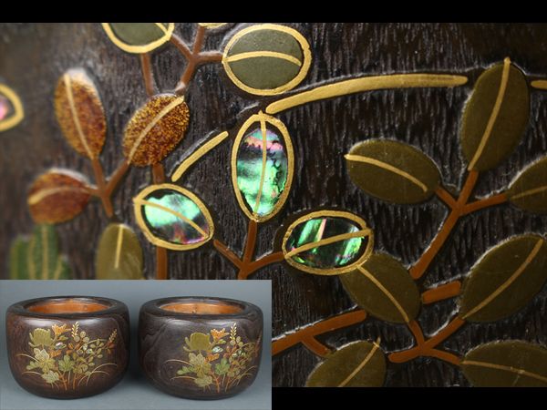 【楓】花螺鈿蒔絵 桐火鉢 一対 一双 LB223