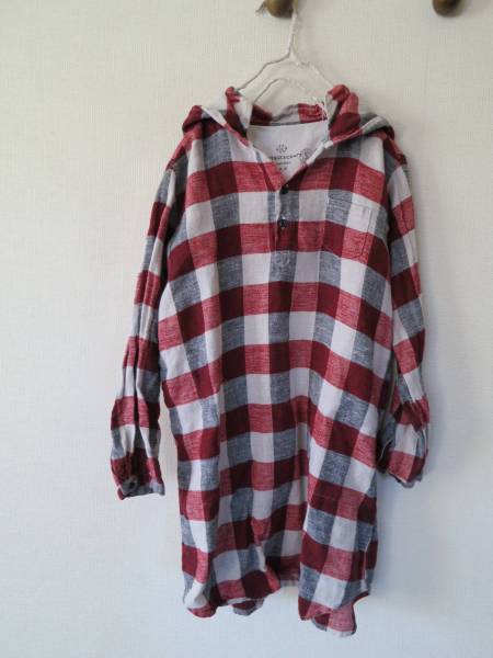 快晴堂 麻 起毛 フード付き チュニック 赤 チェック 美品