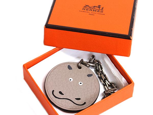 エルメス ◇ アニマルモチーフ チャーム カバ レザー グレー系 ,HERMES