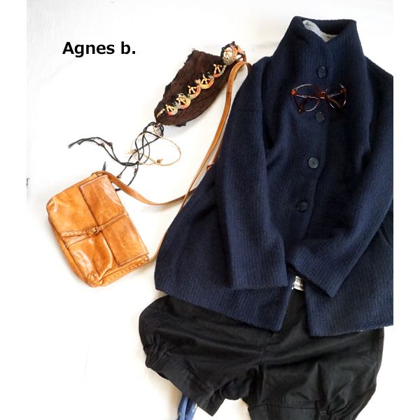 Agnes b.★裏柄紺スタンドカラーニットコート★☆