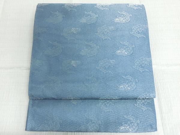 M01286 正絹　紗　荒磯文様　名物裂　青地　京袋帯　夏物