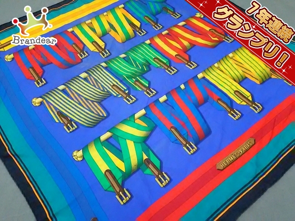 エルメス スカーフ カレ ブルー×マルチ ベルト柄 HERMES