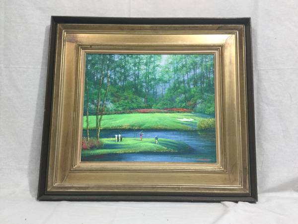 ●岡恵一●油彩画●「ゴルフ場にて」●肉筆画●サイン有り●