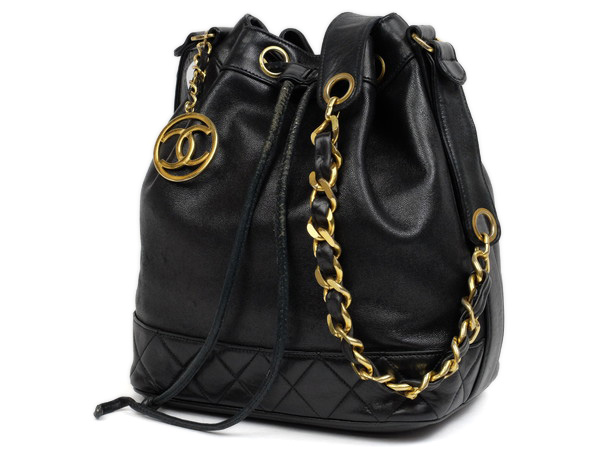 【CHANELシャネル】マトラッセ★巾着型★チェーンショルダーバッグ★CCチャーム付★ブラック★黒