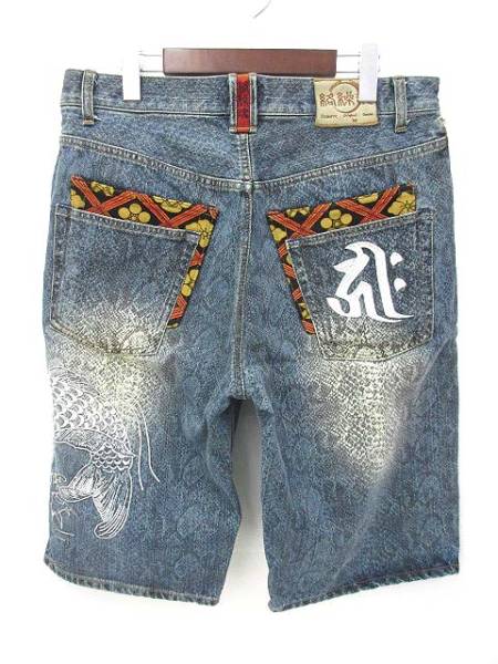 karakuri tamashi 絡繰魂 鯉 コイ 花 刺繍 和柄 ショート デニムパンツ ジーンズ 36 インディゴ