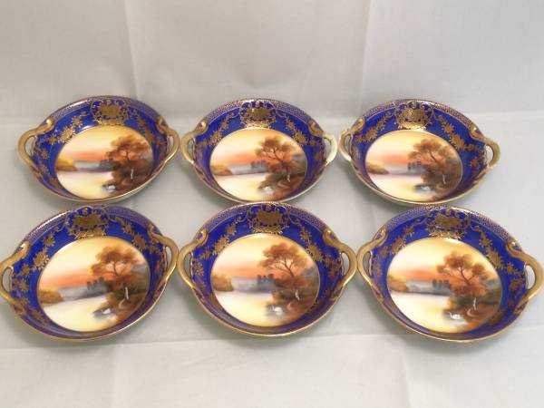 里帰り オールドノリタケ 白鳥/湖畔/金彩 ハンドル付スモールボウル６枚セット