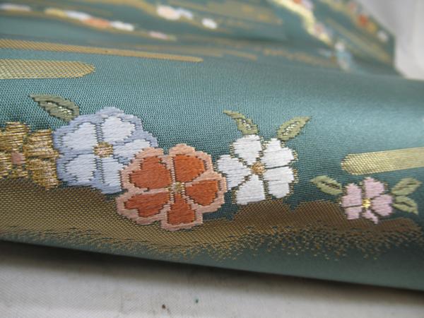 正絹 袋帯 【花文様 刺繍 淡色】 藻/お着物◇六通袋帯◇天象文様 に花刺繍 素敵な淡色 ファッション