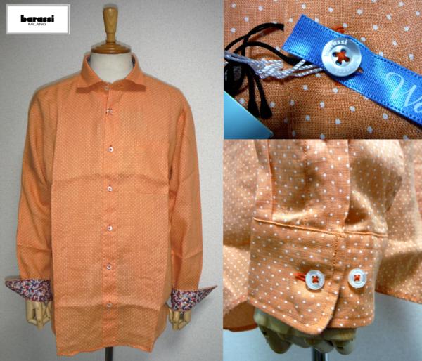 barassi バラシ 麻100％ ドット柄シャツ フラワープリント橙 LL