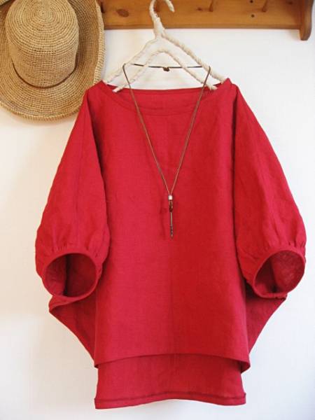 ★ハンドメイド★リネンのイレギュラーヘムのプルオーバー★レッド★