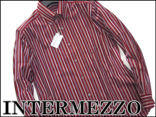 新品 インターメッツォ 襟高ストライプ柄ボタンダウンシャツLL暗赤★I14841