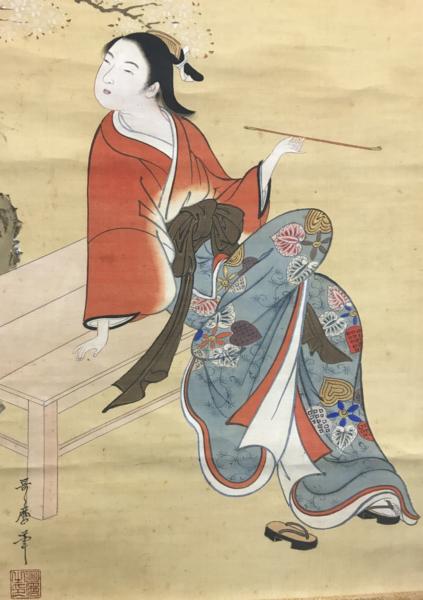 喜多川歌麿 美人画 絹本 肉筆 蒔絵軸 二重箱 / 浮世絵師・狂歌師