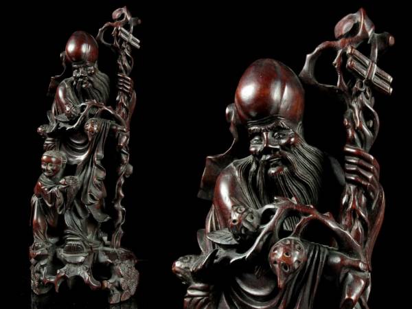 ◇廻◇ 中国古玩 龍眼木製 木彫 寿老人置物 35cm 細密彫 仏像唐物