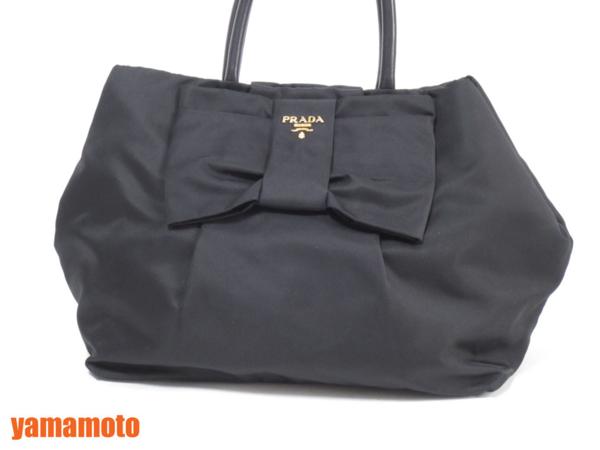 NEW 送料無料 PRADA プラダ ハンドバッグ ナイロン ブラック リボン 美 