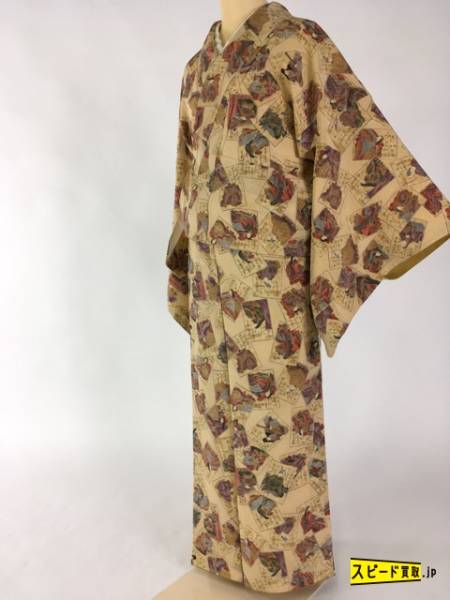 スピ買■着物 1円 名品 小紋 クリーム 百人一首 樽本伊勢蔵 正絹 袷（10月～5月） 163cm Mサイズ ☆☆☆☆