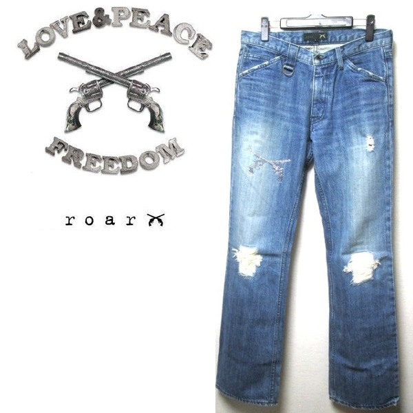 roar ロアー 二丁拳銃 スワロフスキー used加工 デニムパンツ ジーンズ 
