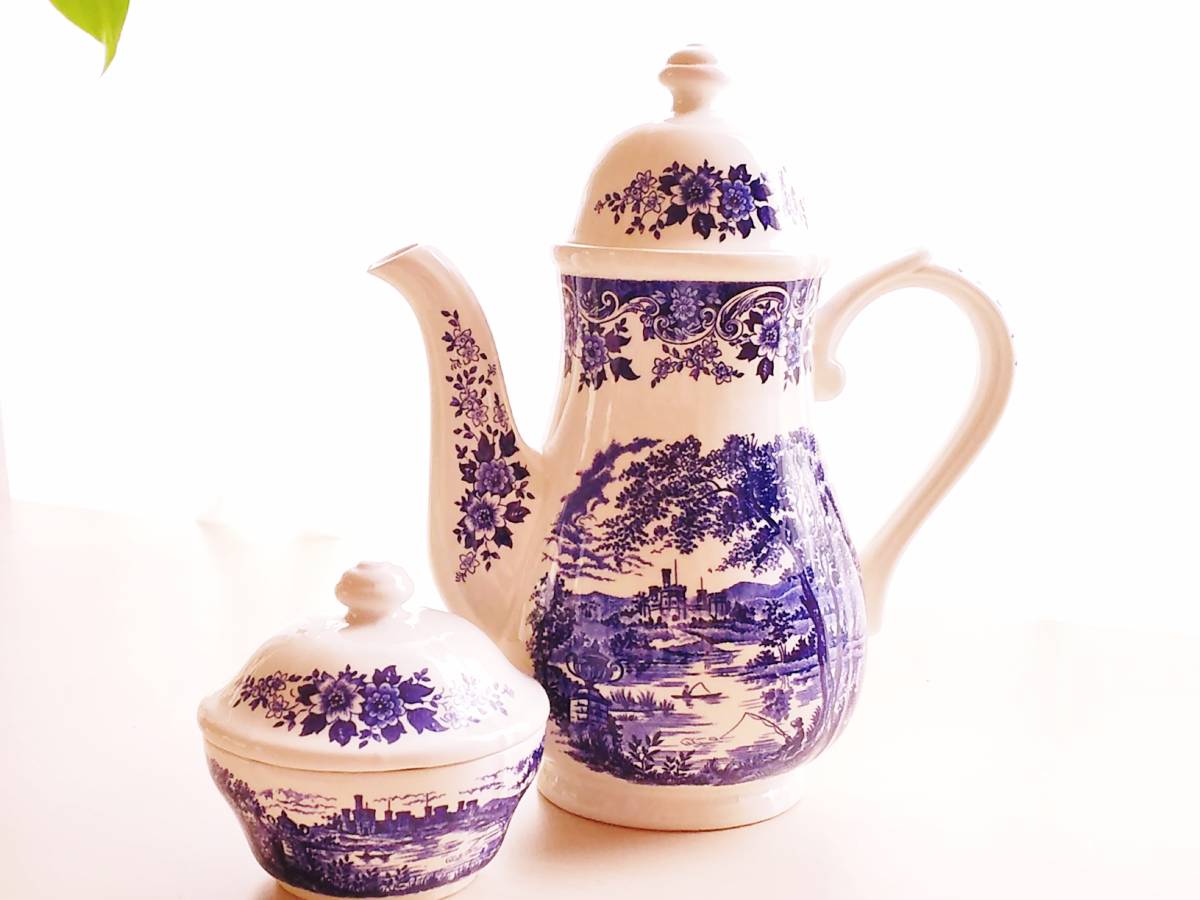 英国ヴィンテージ陶器 ブロードハースト社 ポット+シュガーポット 未使用 *English Scene* Ironstone Broadhurst コーヒー 紅茶 Blue&White