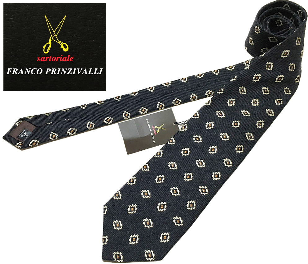 新品1.4万 三陽商会 FRANCO PRINZIVALLI sartoriale 毛/絹 イタリア製生地使用 小紋 ネクタイ ブラック フランコプリンツィバァリー