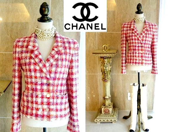 ◆1円～美品 シャネル 40 96P ツイード ジャケット 赤×白×ブルー×ピンク シルバーボタン