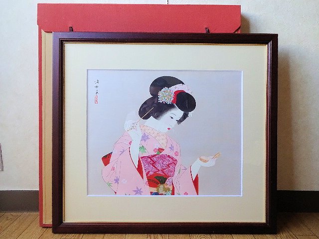 伊東 深水、舞、超希少額装用画版、新品額装付 ☆美人画巨匠・伊東深水・木版画・「手鏡」・額装☆