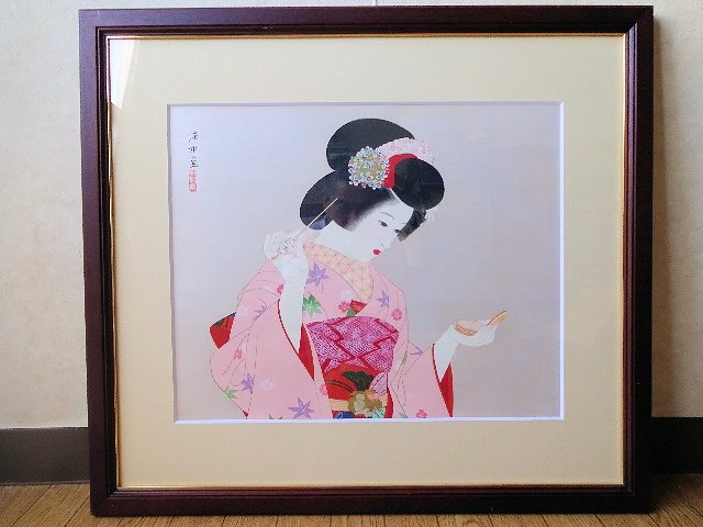 ☆美人画巨匠・伊東深水・木版画・「手鏡」・額装☆