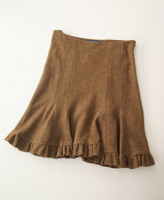 H7191【未使用】定価37，800円◎ラルフローレン◎ウール100%/膝丈/チェック柄/裾フリル/ゴアードスカ―ト/サイズ14