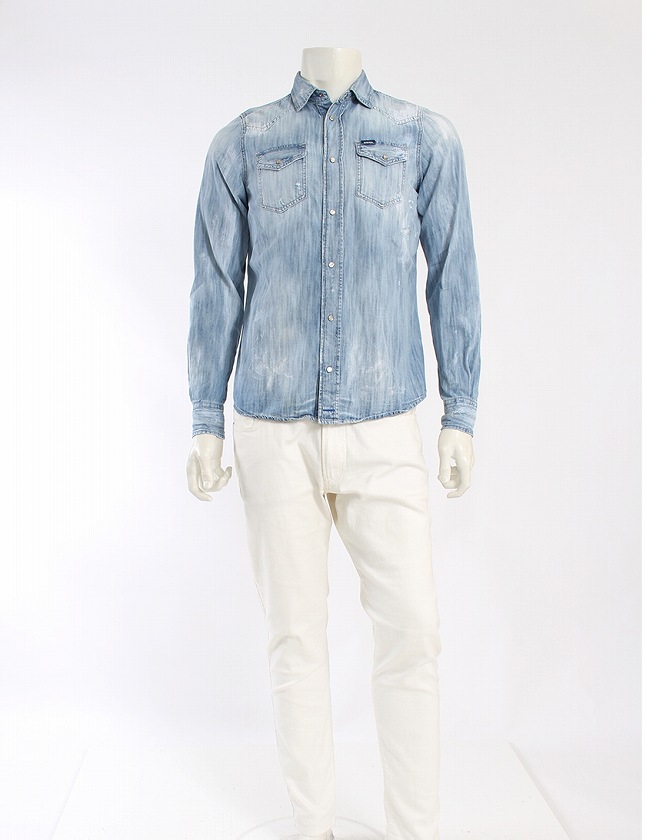 ディーゼル DIESEL シャツ デニムシャツ 青 ブルー トップス 長袖 ダメージ加工 S コットン100% 綿