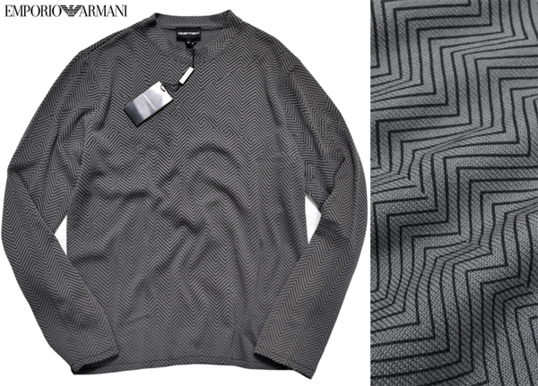 新品正規6.4万 ARMANI アルマーニ 幾何学模様 コットンデザインニット グレー色