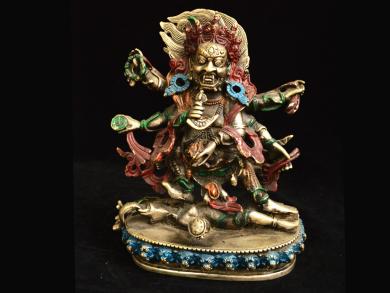 西蔵收集 白銅製 彩絵【黄財神像】密宗密教 極上品