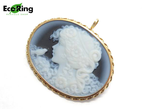 1円 K18YG×オニキス カメオ 女性像 ブローチ DT197