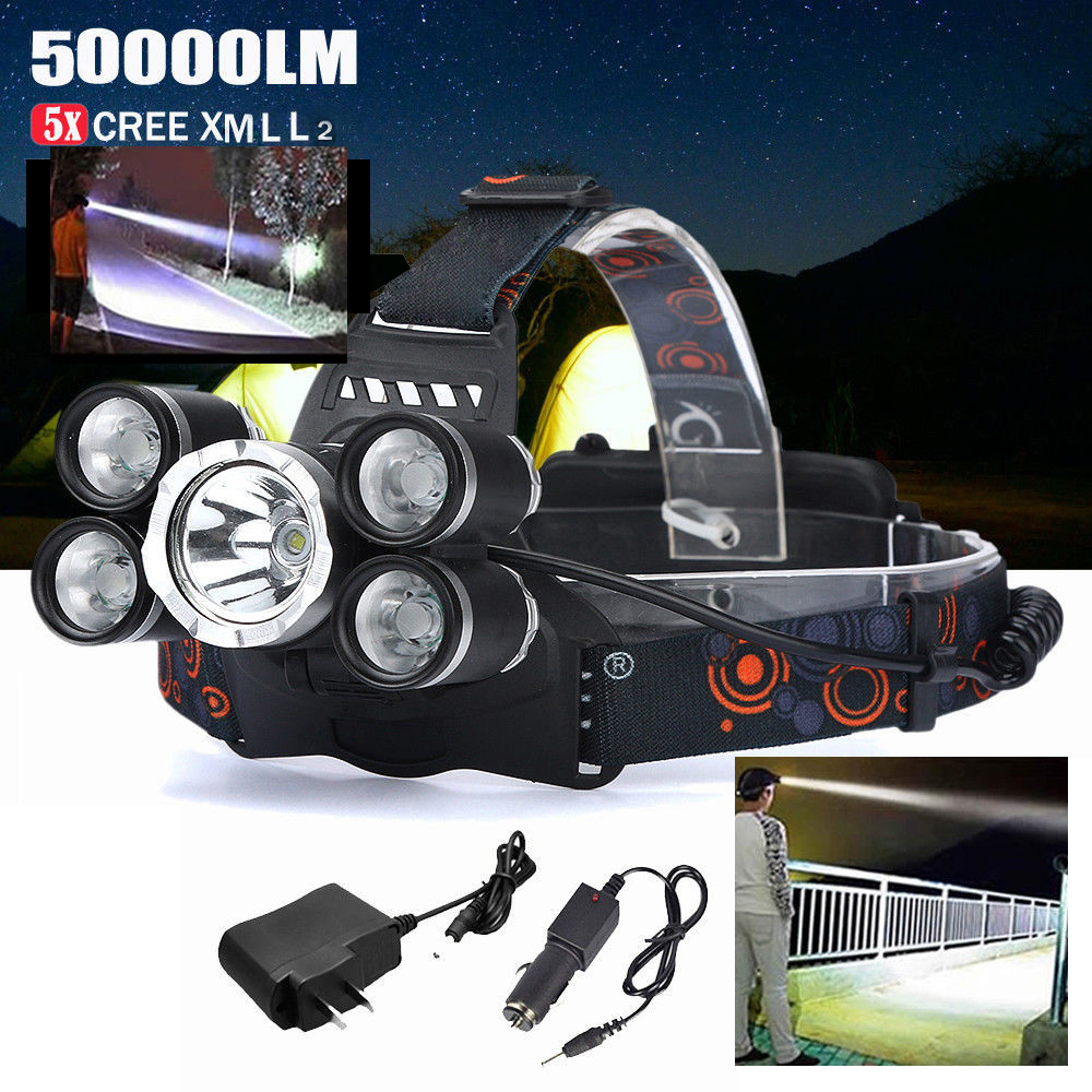 50000LM 5x XM-L L2　最高輝度ヘッドライト　充電池付き　Ｔ8