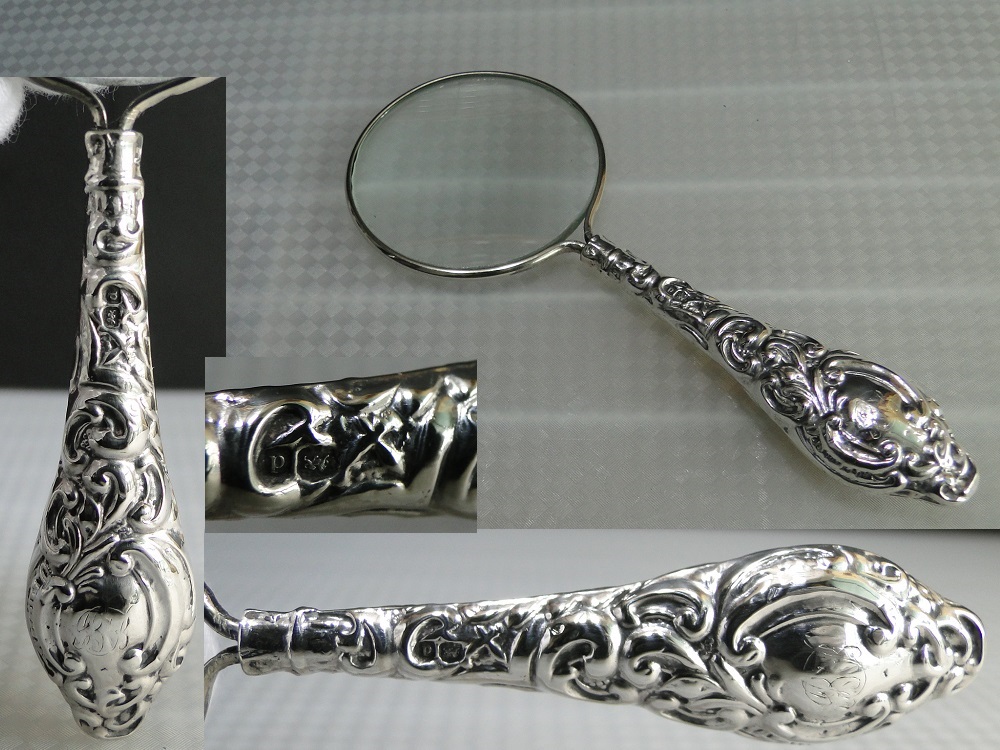 純銀製のハンドルの虫眼鏡 ルーペ イギリス アンティーク 虫眼鏡 1898