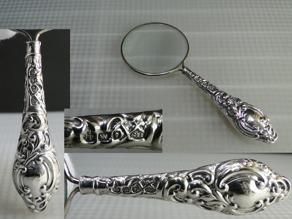 純銀製のハンドルの虫眼鏡 ルーペ イギリス アンティーク 虫眼鏡 1898