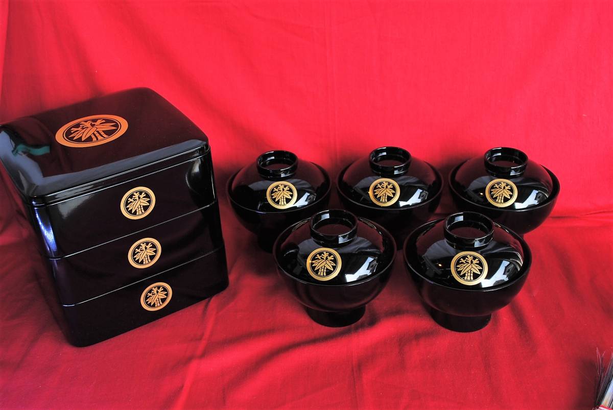 会津漆器 蒔絵師 久良人作 天然木 うるし塗装 木製 重箱 三段 未使用