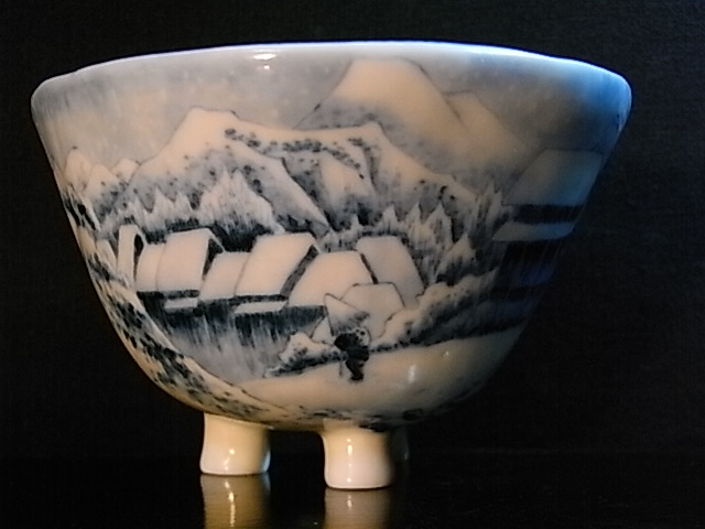 東海道五十三次北斎【玲雀21】染付蒲原雪景色反縁丸鉢・径9.8cm