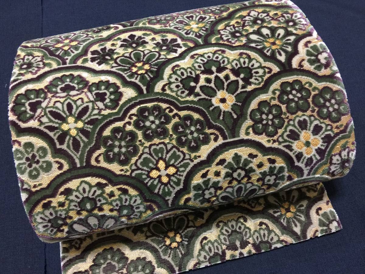 ◇輪奈天鵞絨（ビロード）袋帯◇モスグリーン地に花の青海波柄　逸品　桐箱付き