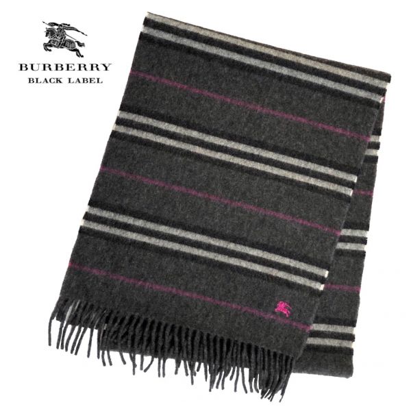 送料無料 バーバリーブラックレーベル ロゴ入り ボーダー カシミヤ100％ マフラー メンズ グレー BURBERRY BLACK LABEL カシミア