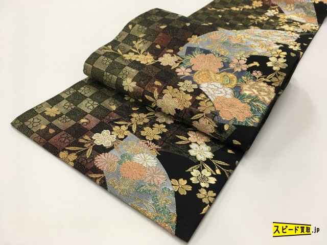 スピ買□ 着物 1円 名品 袋帯 黒 扇面 桜 牡丹 鼓 市松文 金糸 銀糸 