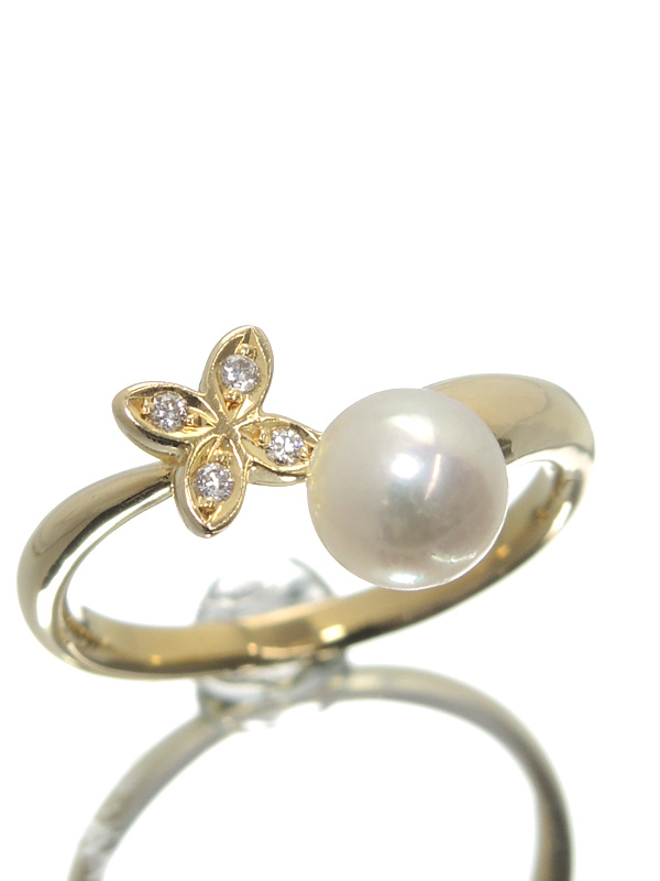 ◉MIKIMOTO K18 ダイヤモンドパール フラワー リング 11号 美品 ミキモト K18YGリング パール6.1mm ダイヤ フラワーモチーフ 11号