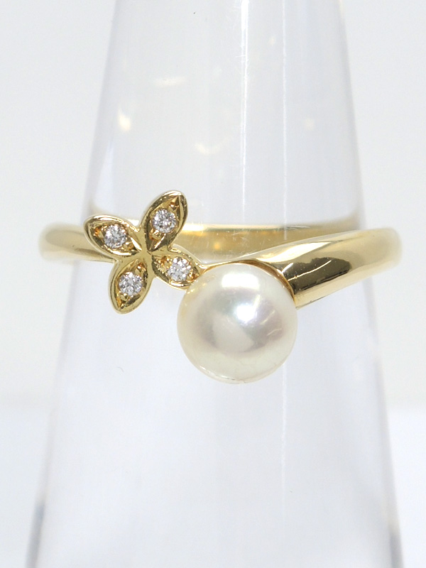 ◉MIKIMOTO K18 ダイヤモンドパール フラワー リング 11号 美品 ミキモト K18YGリング パール6.1mm ダイヤ フラワーモチーフ 11号